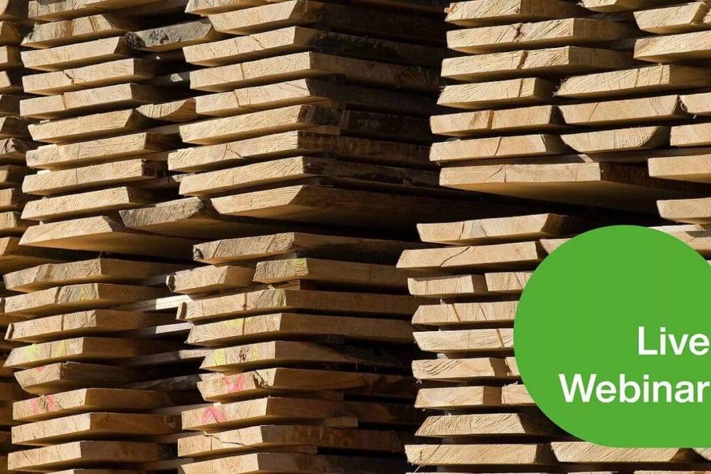 Wood drying webinar banner showing stacked timber